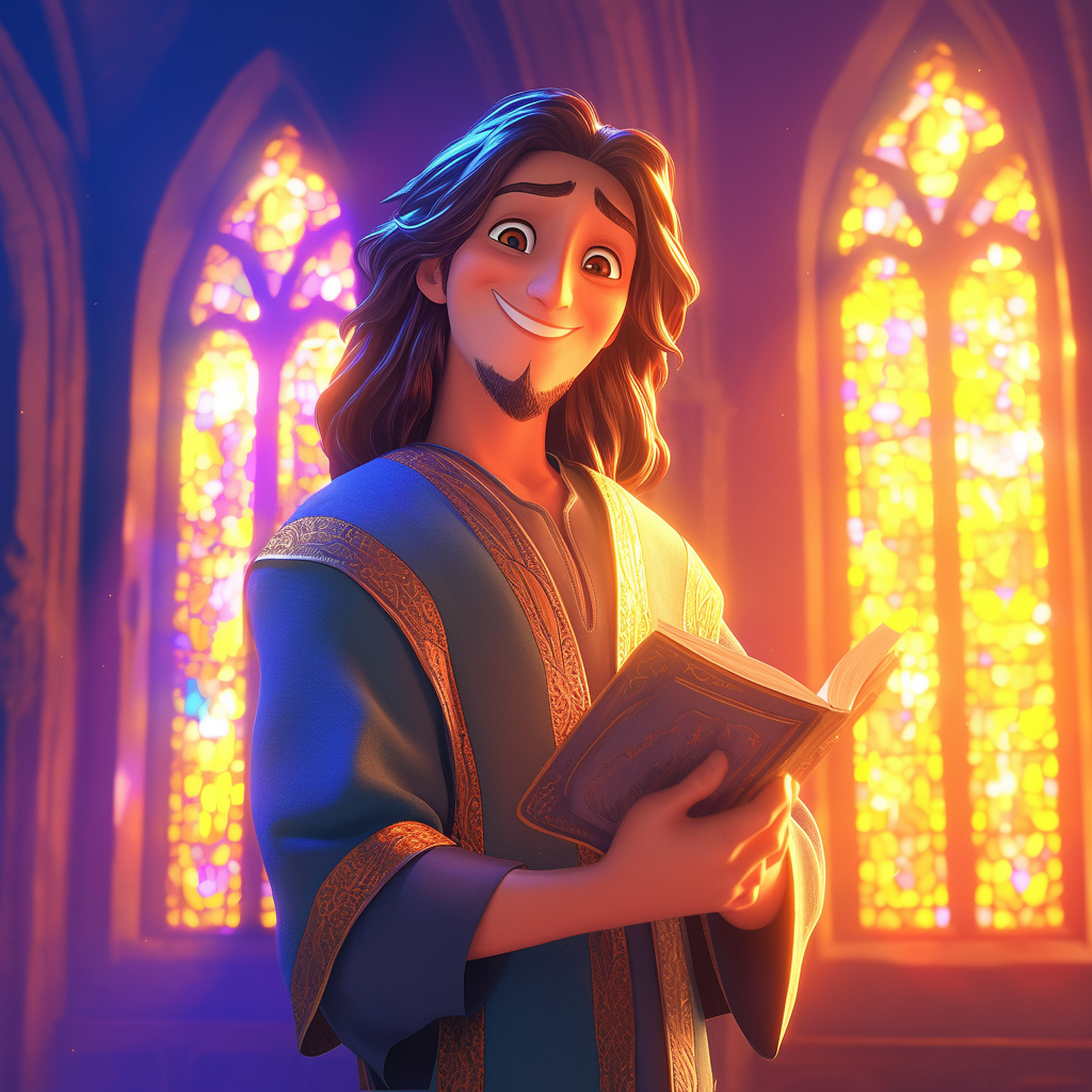 A Smiling Animated Jesus with Bible in Church