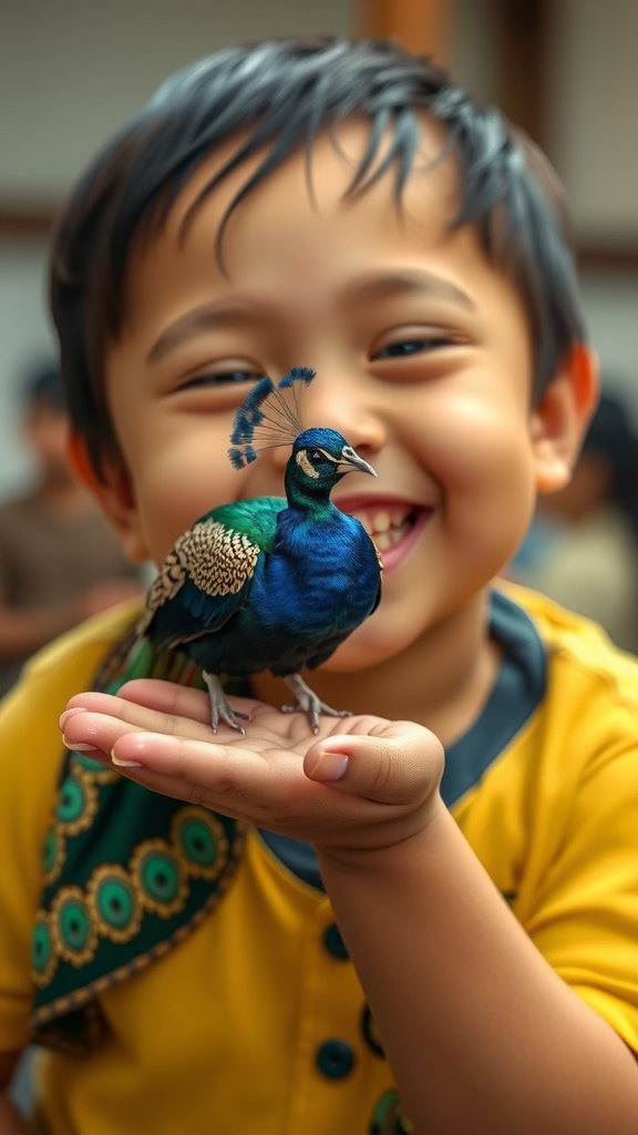 A Smiling Asian Child Holds Tiny Peacock