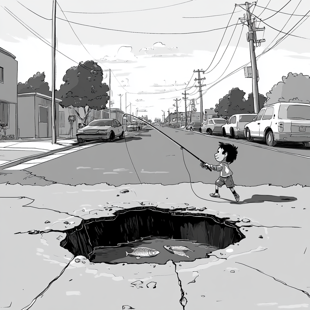 A Smiling Character Fishing in Pothole on Road