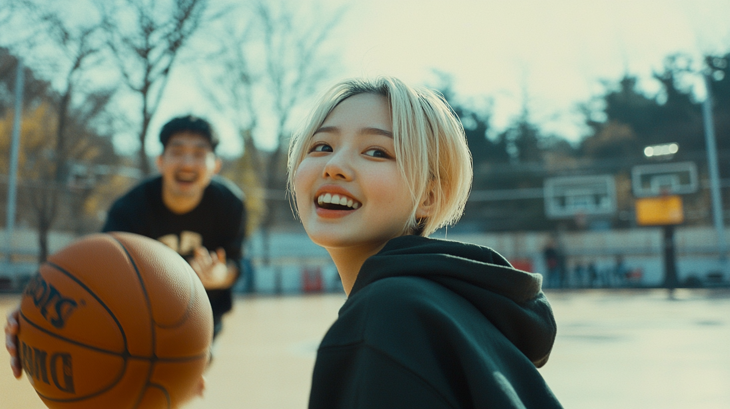 A Smiling Chinese Girl Playing Basketball Outdoors