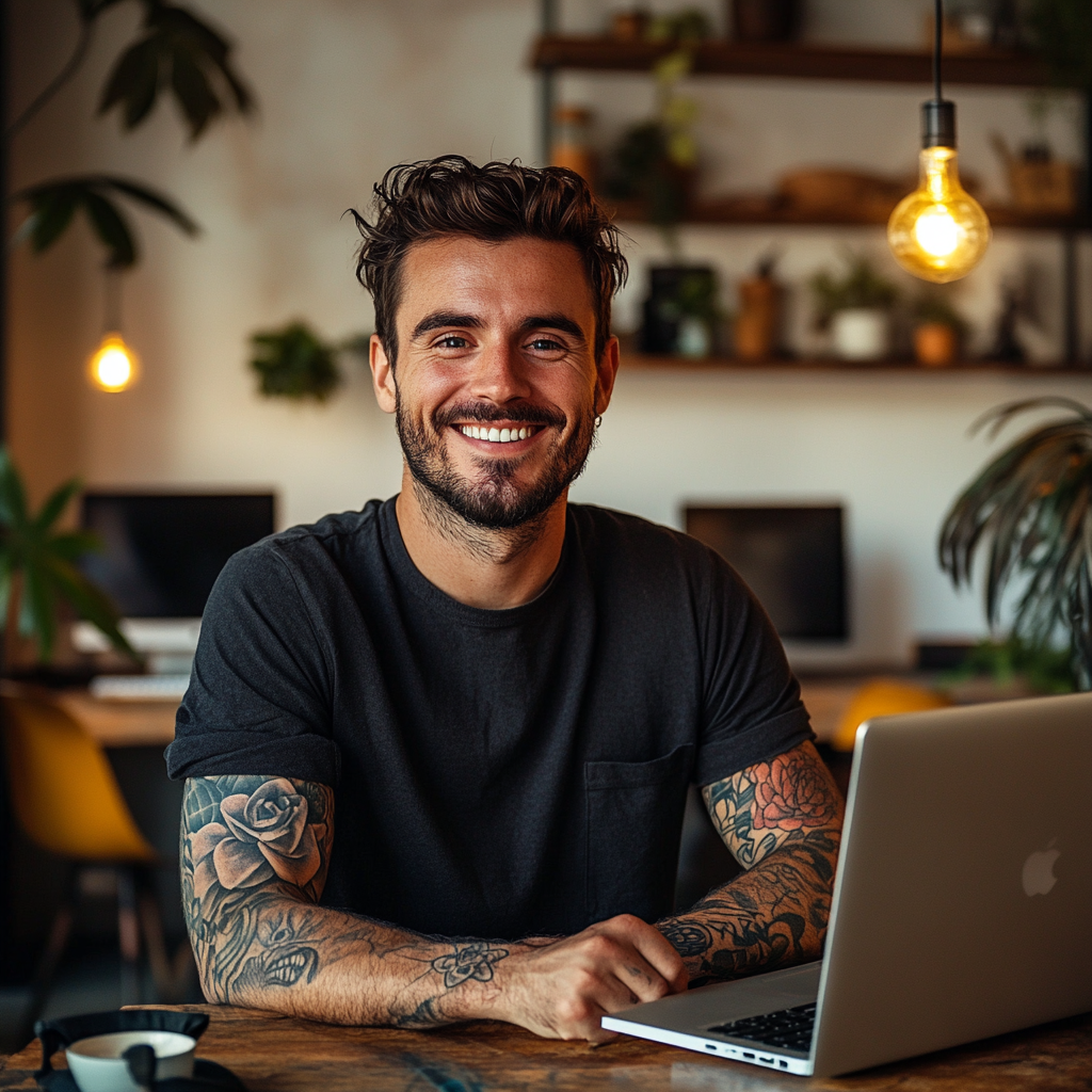 A Smiling Copywriter in a Co-Working Space