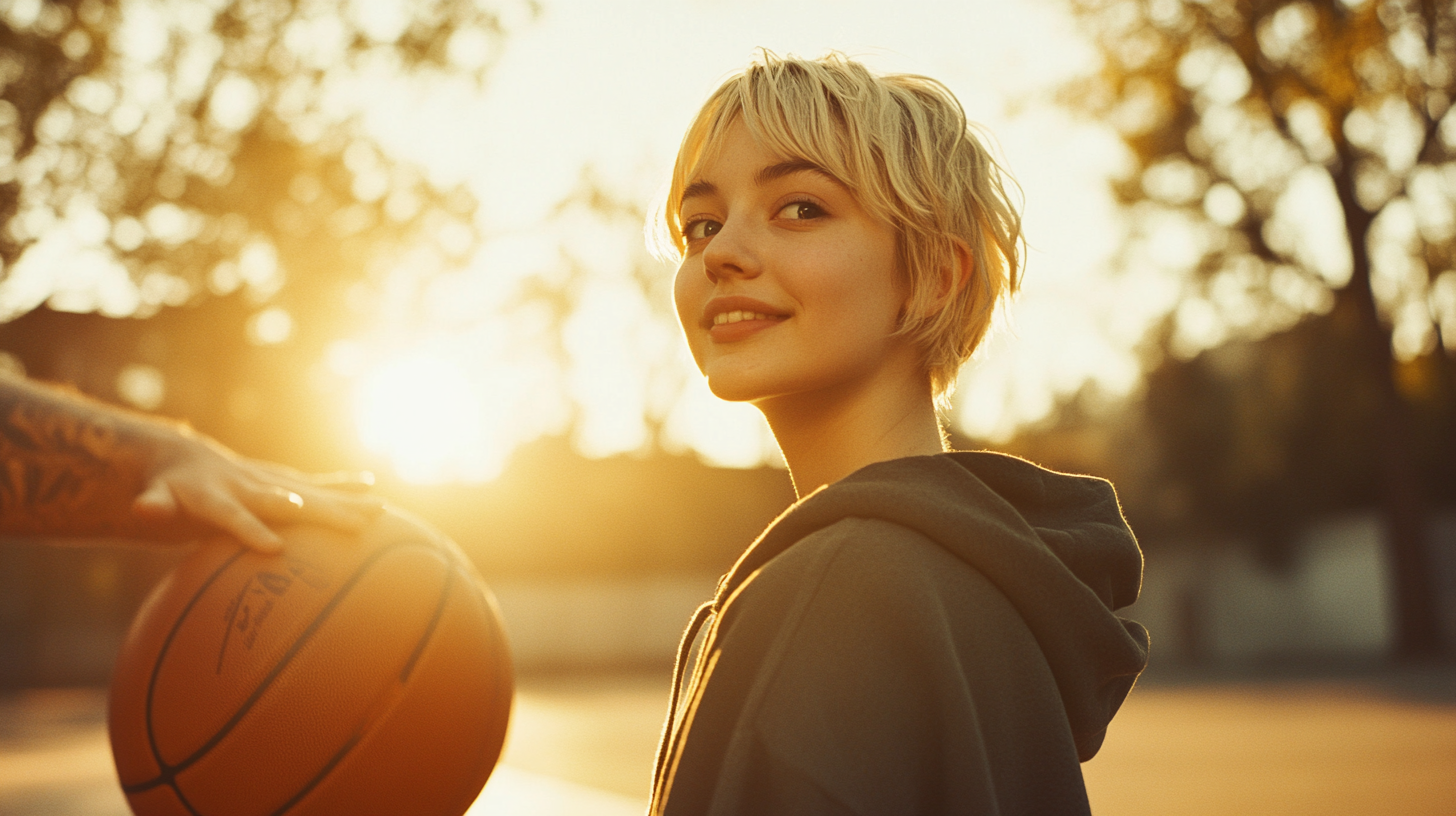 A Smiling Girl Basketball Player in Morning Sunlight