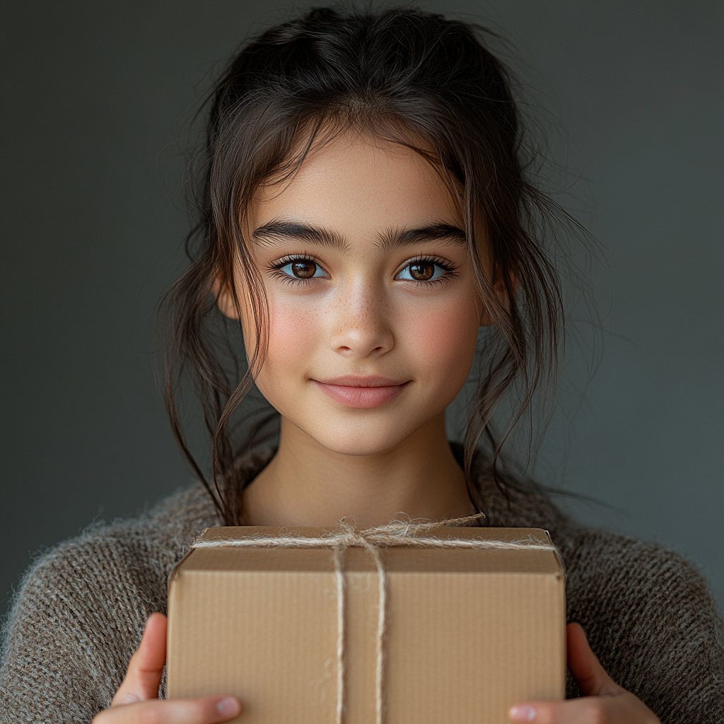 A Smiling Girl Holding Box in Studio Portrait