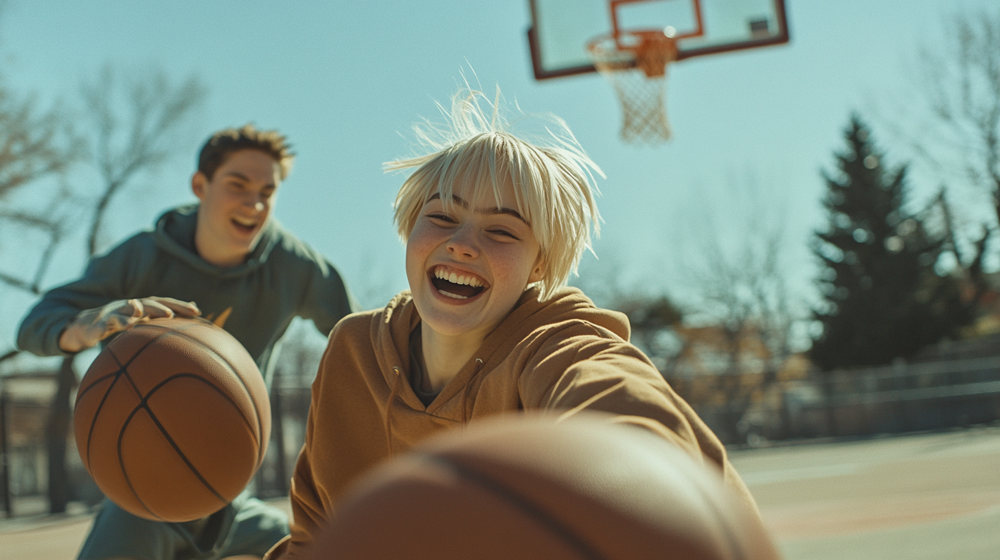 A Smiling Girl Playing Basketball Outdoors