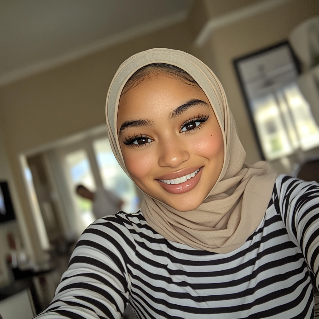 A Smiling Hijabi Girl Taking Selfie at Table