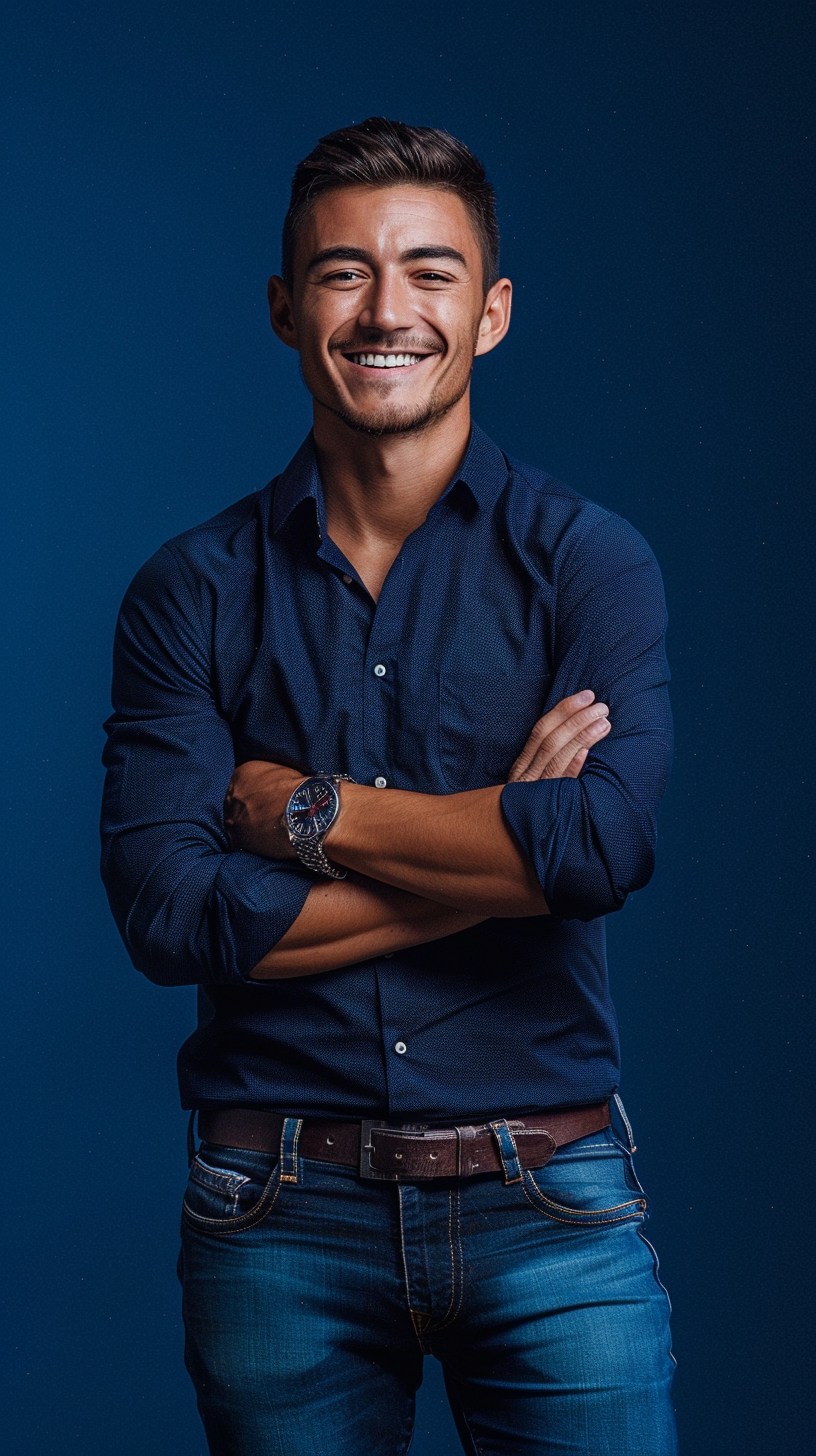 A Smiling Man Folding Arms, Navy Background