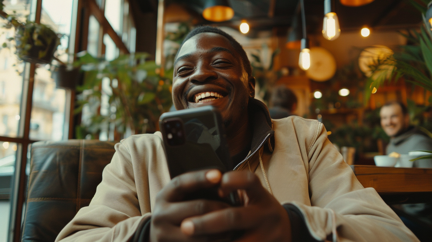 A Smiling Man Showing Excitement with Smartphone