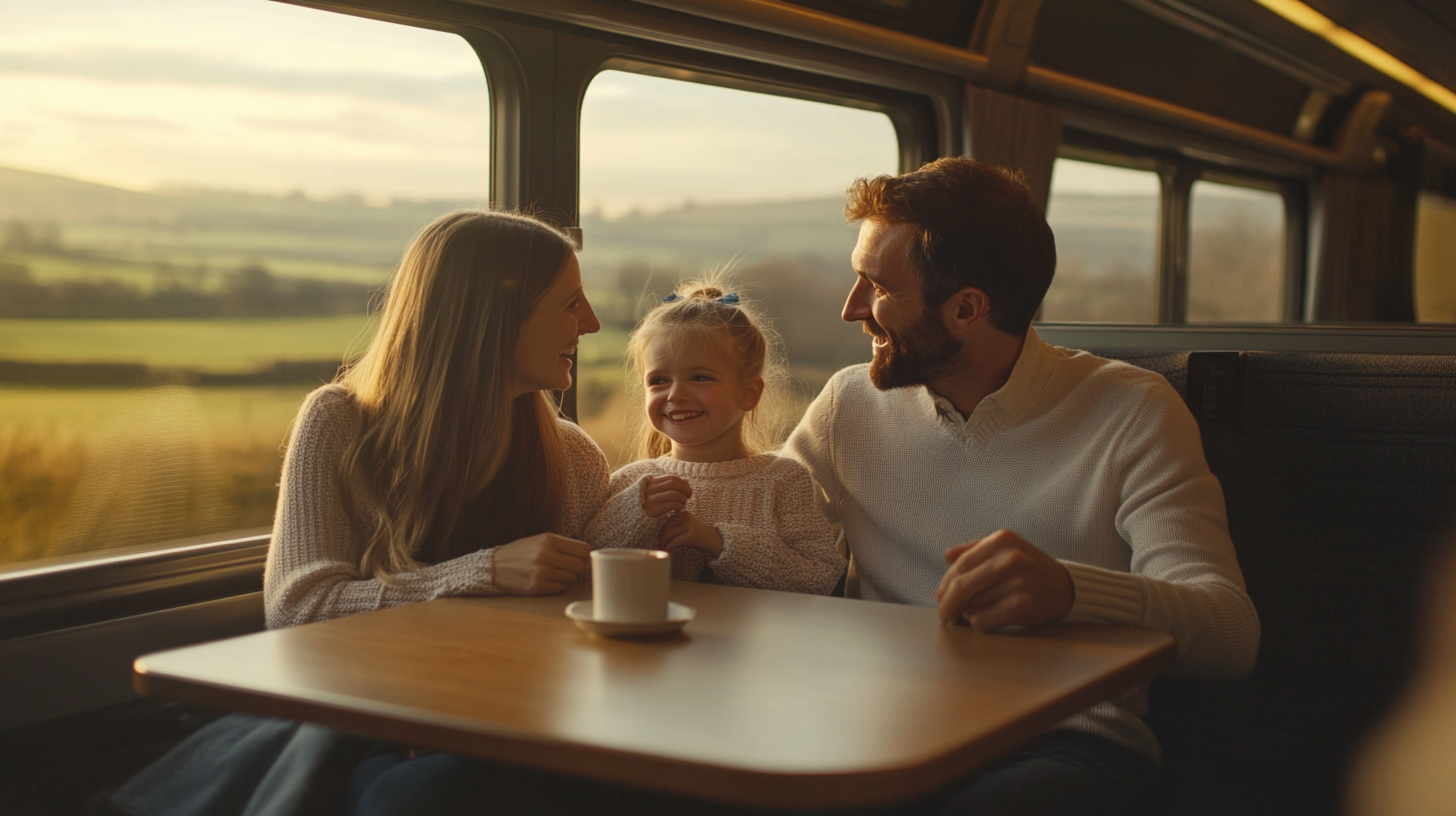 A Smiling UK Family on Modern Train Journey