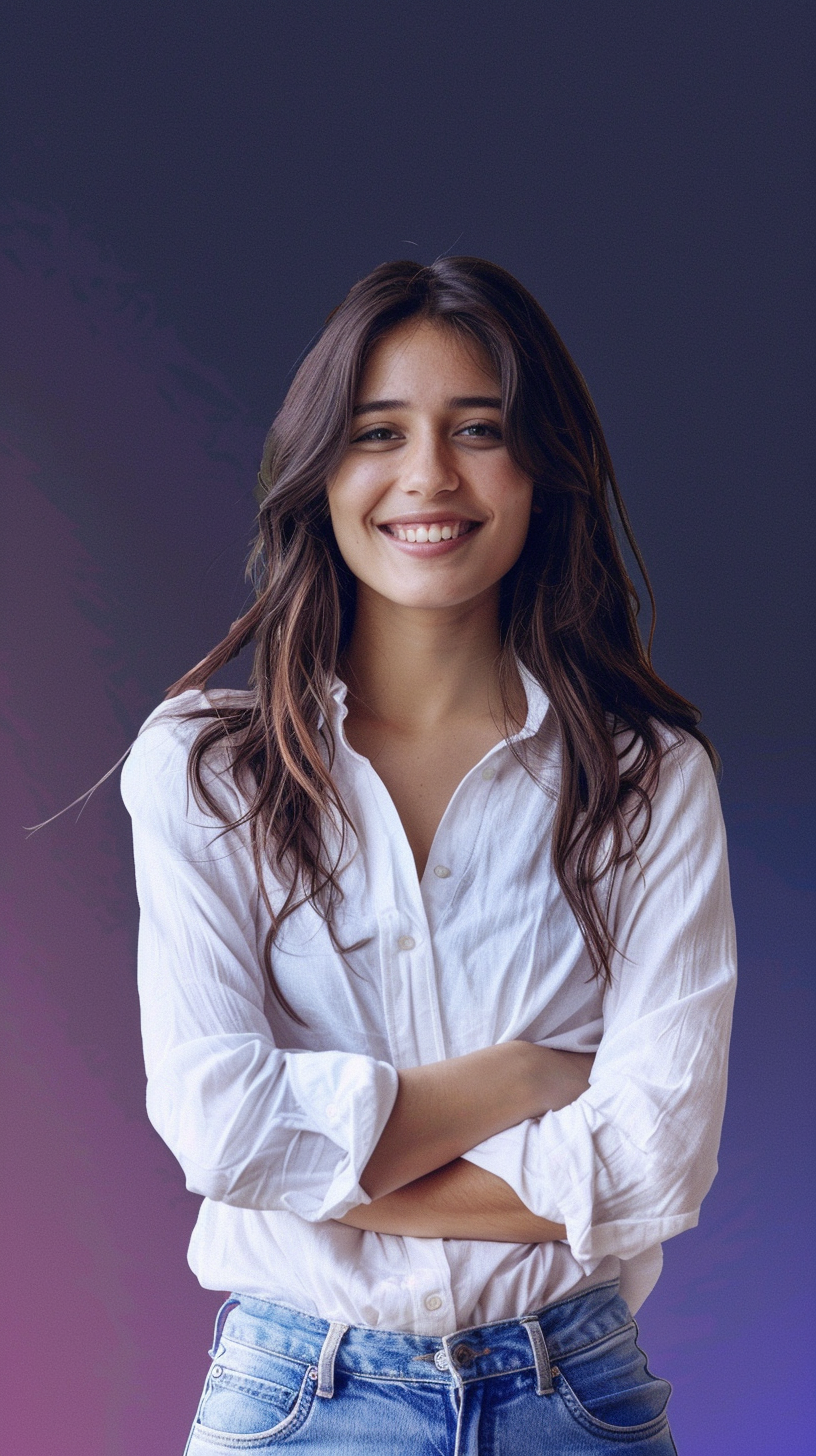 A Smiling Woman in White Shirt and Jeans