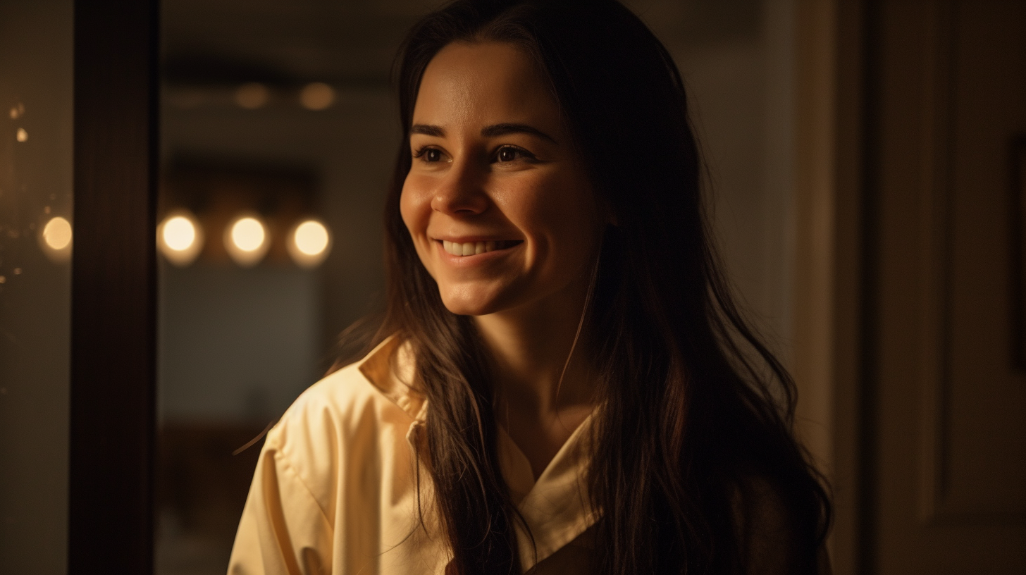 A Smiling Woman in Yellow Lab Coat in Upscale Bathroom