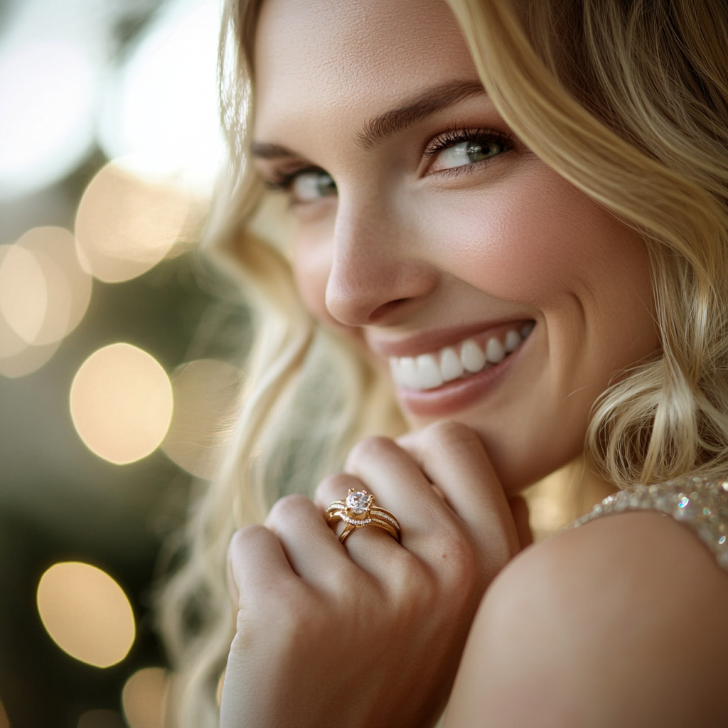 A Smiling Woman wearing a gold ring