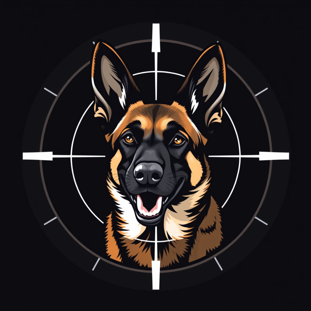A Smirking Belgian Malinois in Crosshair Logo