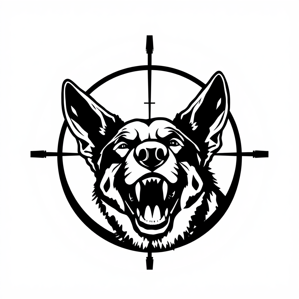 A Snarling Belgian Malinois in Scope Crosshair Logo