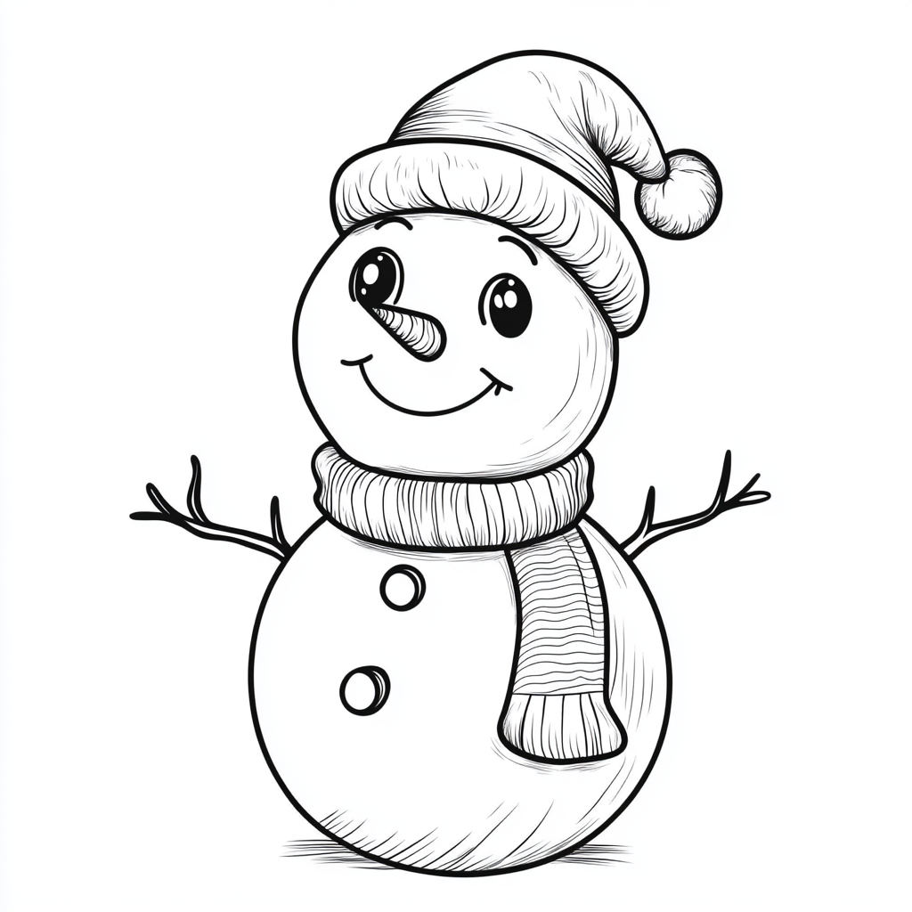 A Snowman in Christmas Hat and Scarf to Color.