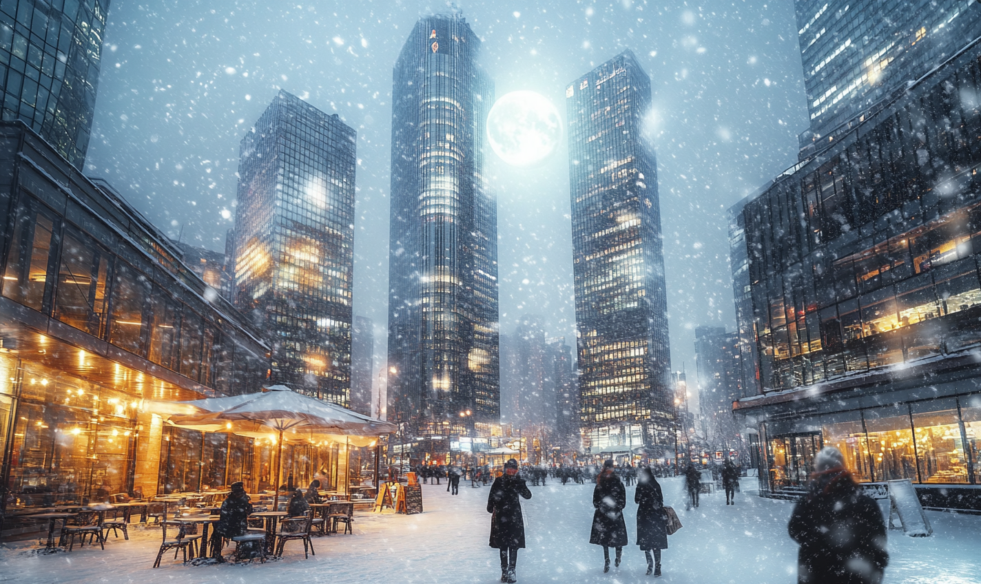 A Snowy City Night without People