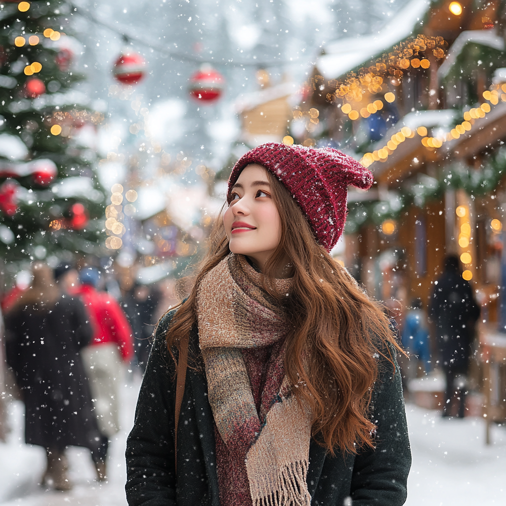 A Snowy European Town Festival with Christmas Decorations