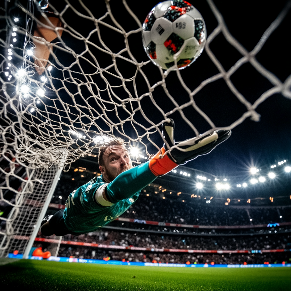 A Soccer Goalkeeper Diving to Defend the Goal