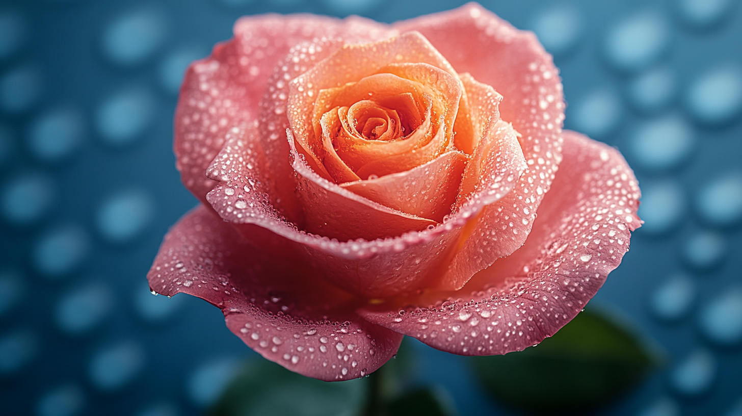 Rose on Blue Surface with Droplets