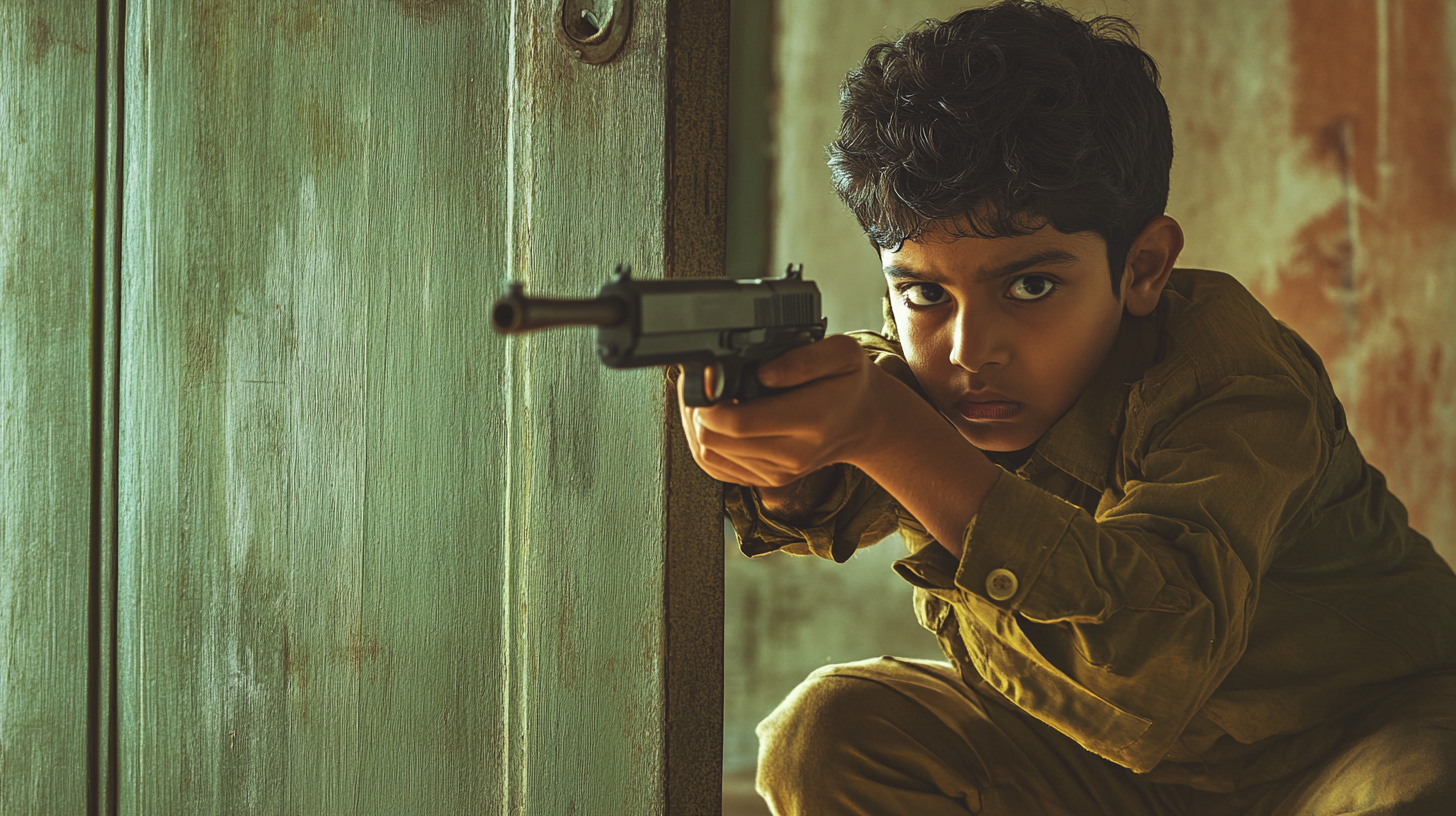 A South Indian boy aims gun intently, hiding.