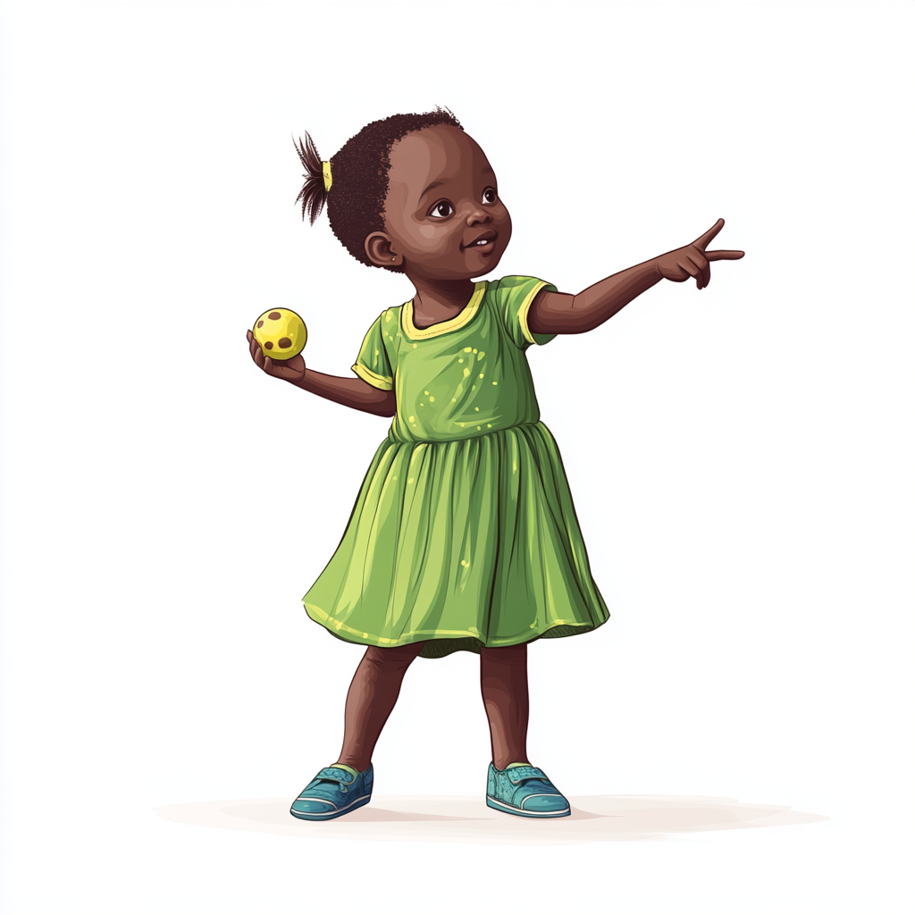 A South Sudanese girl in green dress, pointing