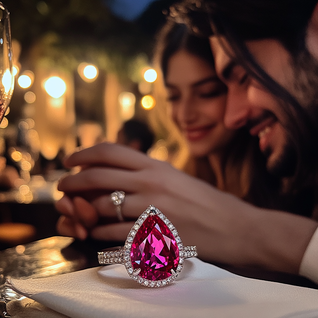 A Sparkling Ruby Engagement Ring at Romantic Dinner