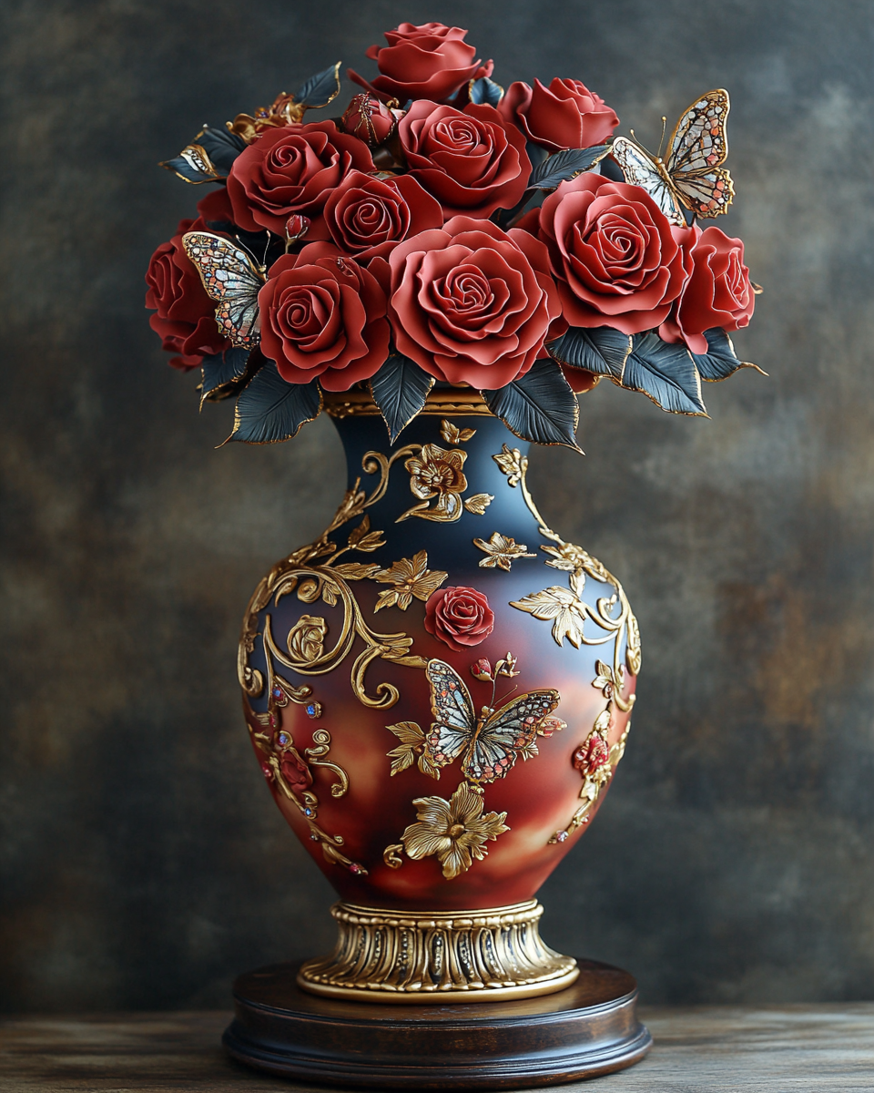 A Sparkly Rose Vase Fondant Cake on Stand