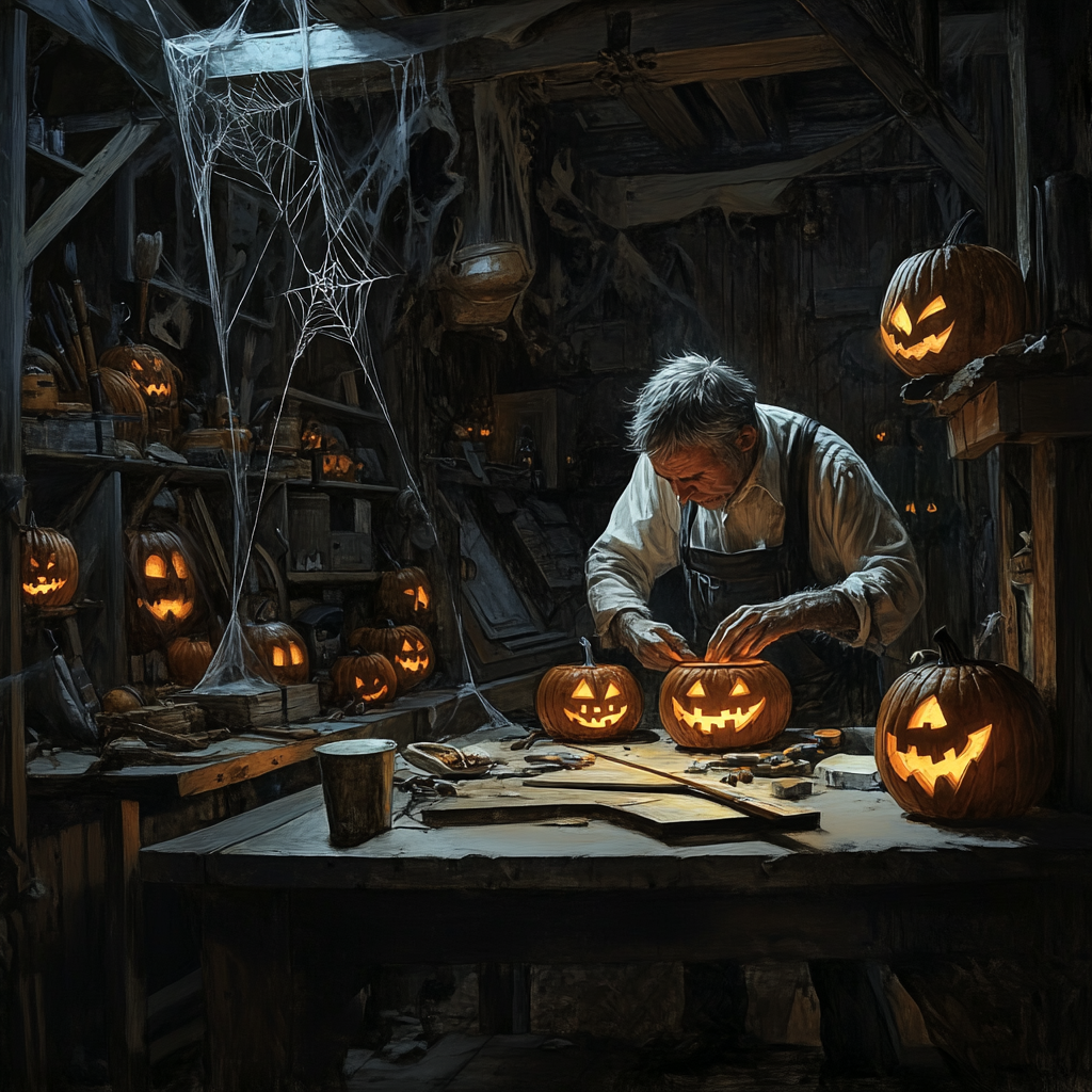 A Spooky Carpenter Making Halloween Decorations