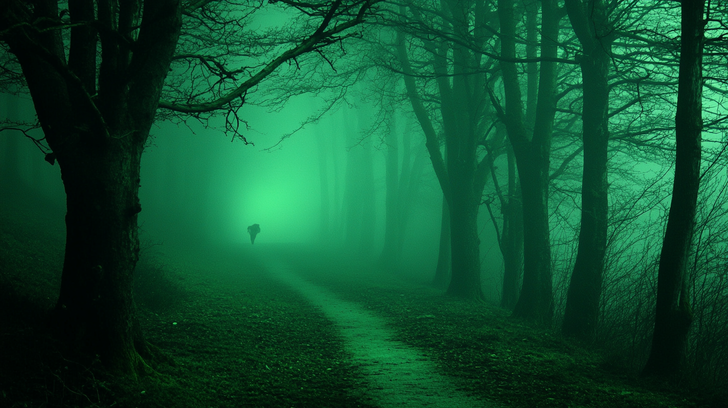 A Spooky Forest Path with Wolves and Shadows