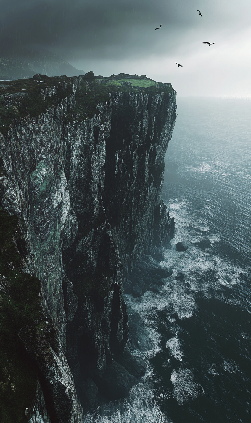 A Spooky Stormy Island Cliff Overlooking Choppy Sea.