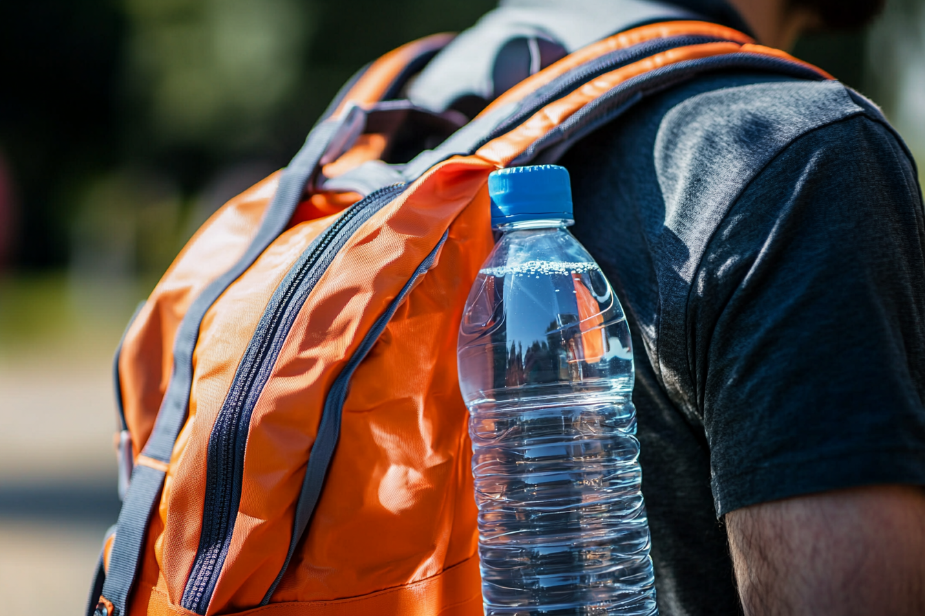 A Sports Bag with Water Bottle on Shoulder