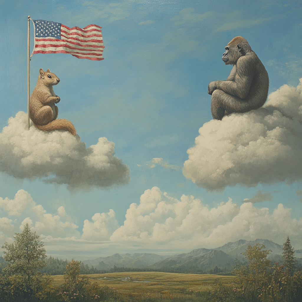 A Squirrel and Gorilla on Clouds Viewing Flag