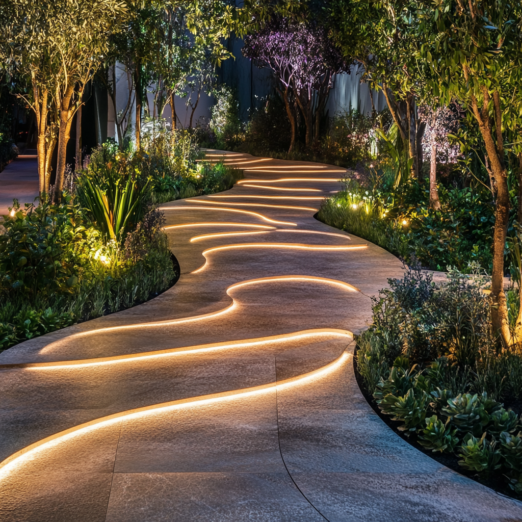 A Stage with Wavy Garden Path and Lights