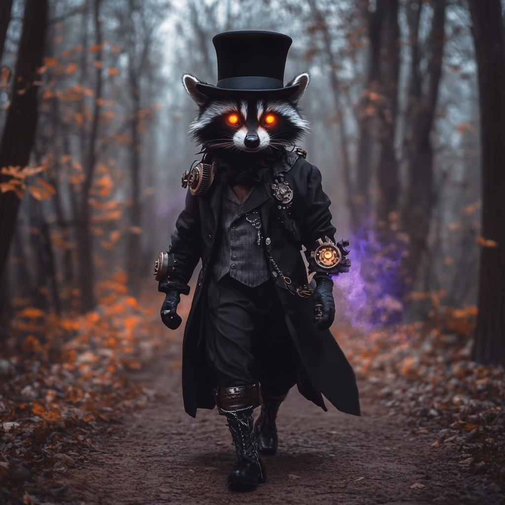 A Steampunk Raccoon's Halloween Journey in Enchanted Forest