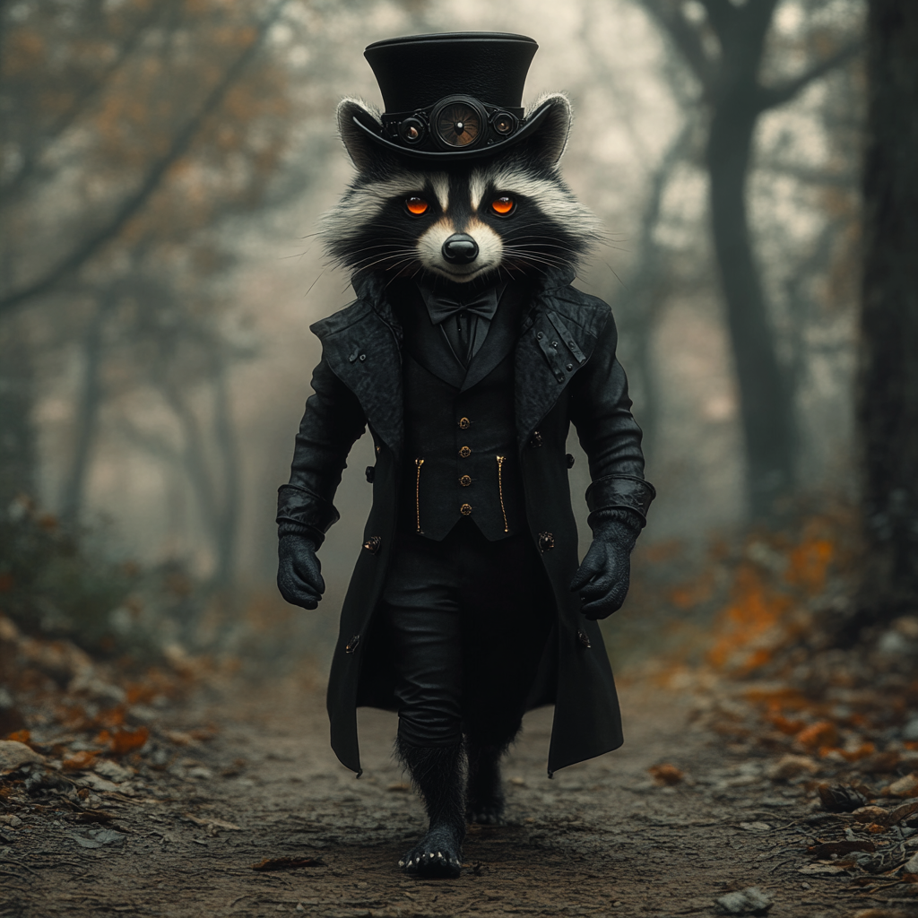 A Steampunk Raccoon in Enchanted Foggy Forest