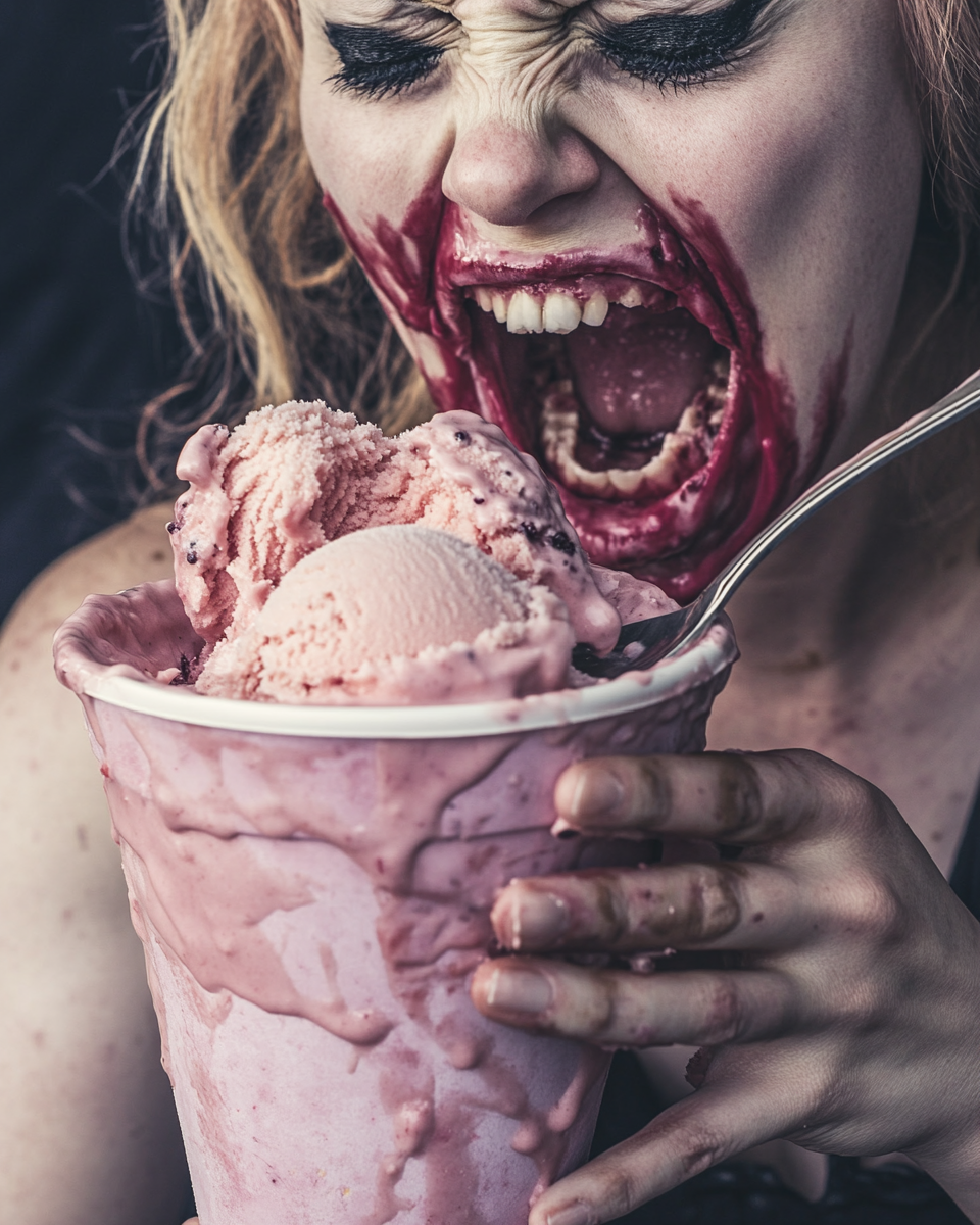 A Stressed Woman Eating Ice Cream Quickly