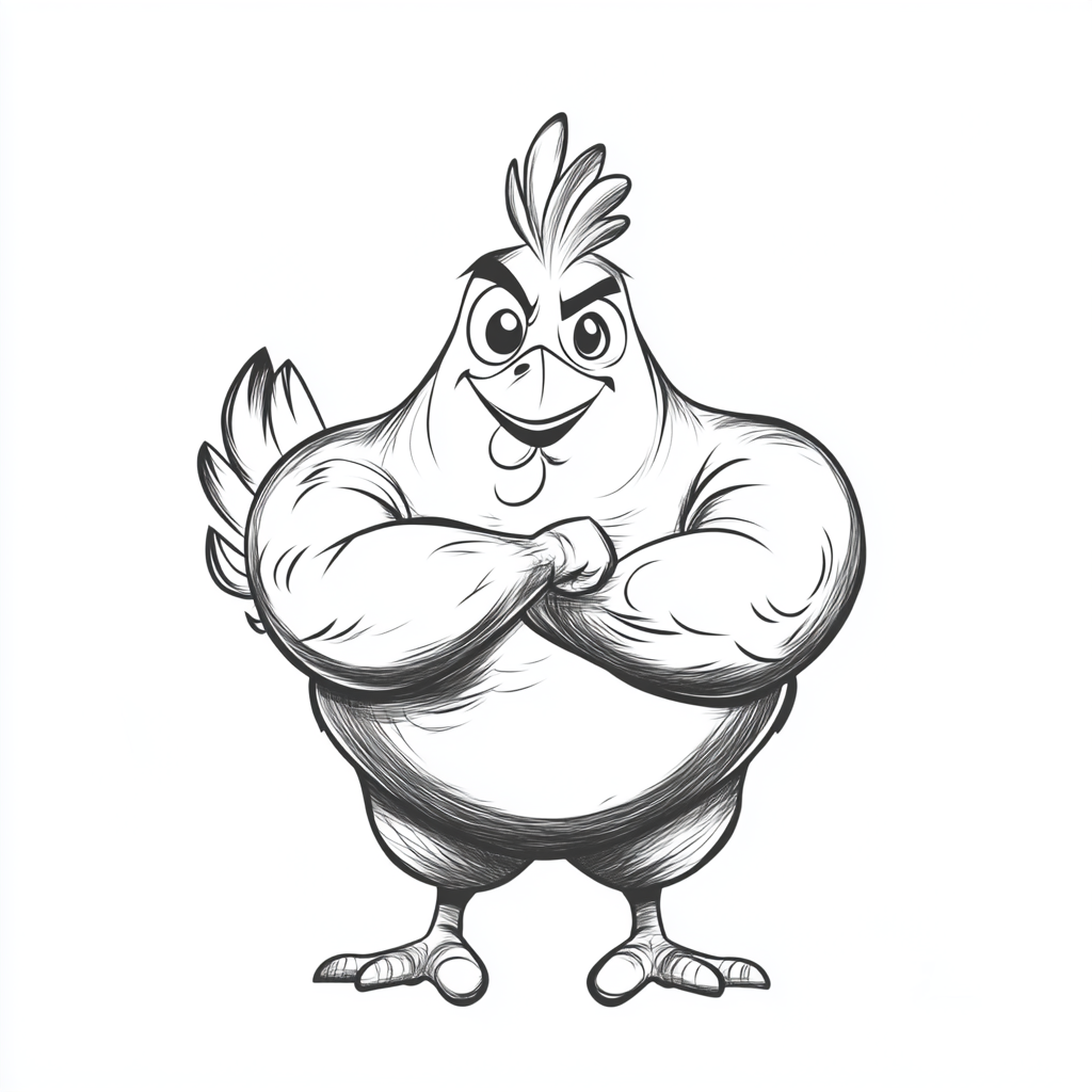 A Strong, Muscled Chicken in Old Cartoon Style