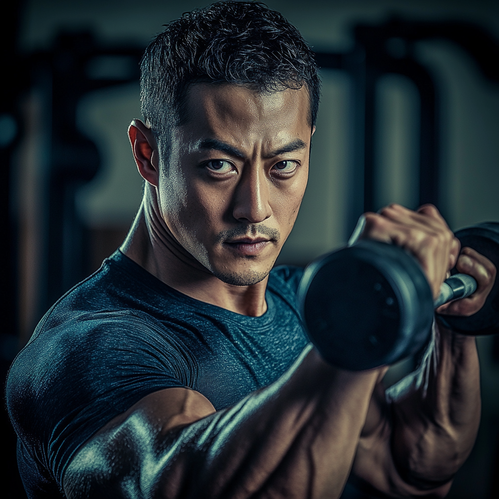 A Strong Japanese Man Lifts Weights in Gym