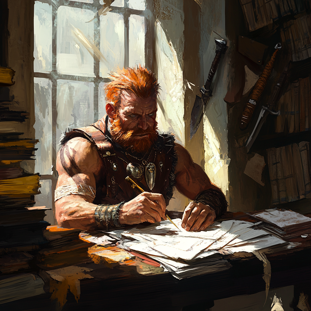 A Strong Man Writes with Quill at Desk