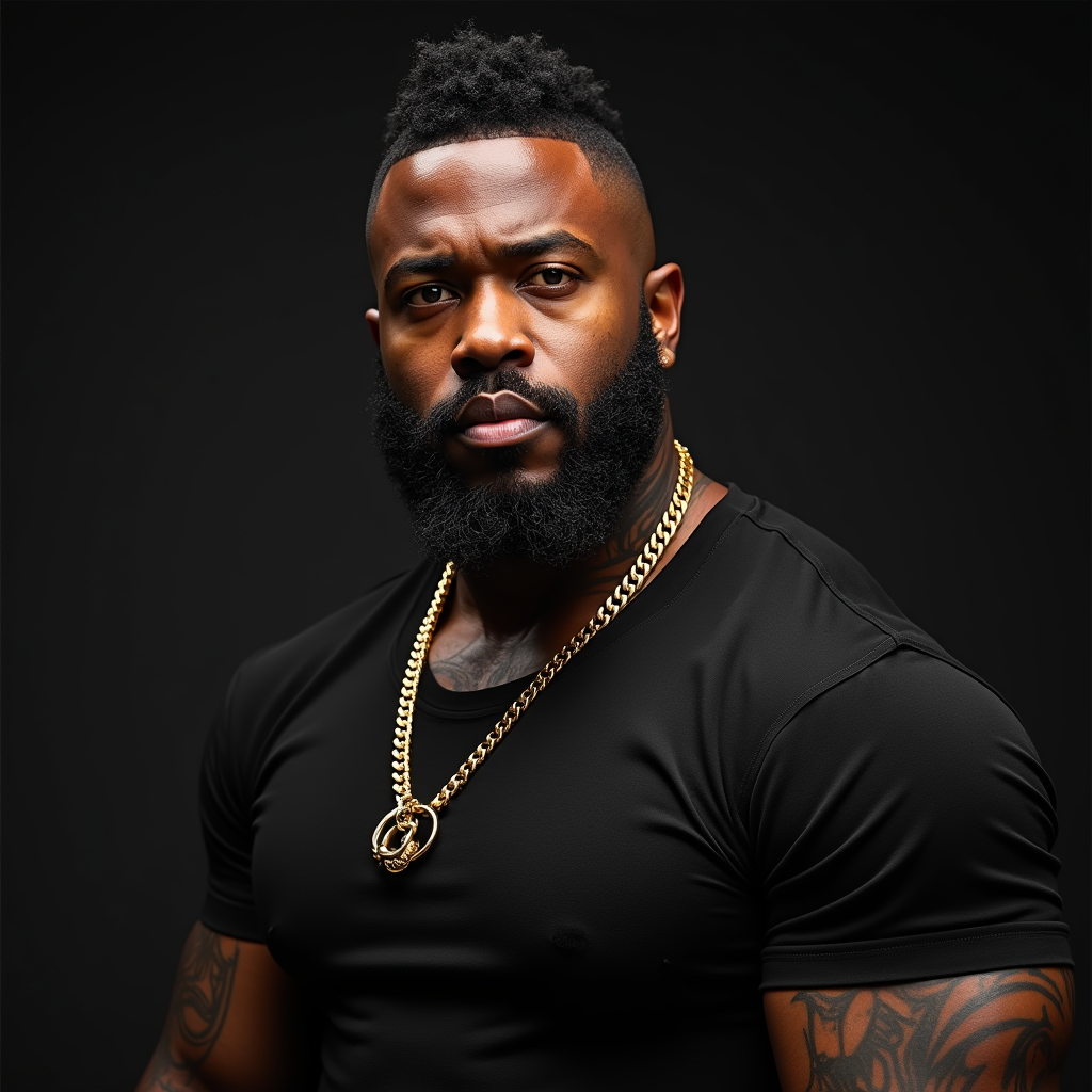 A Strong Man with Beard, Tattoos, and Chain