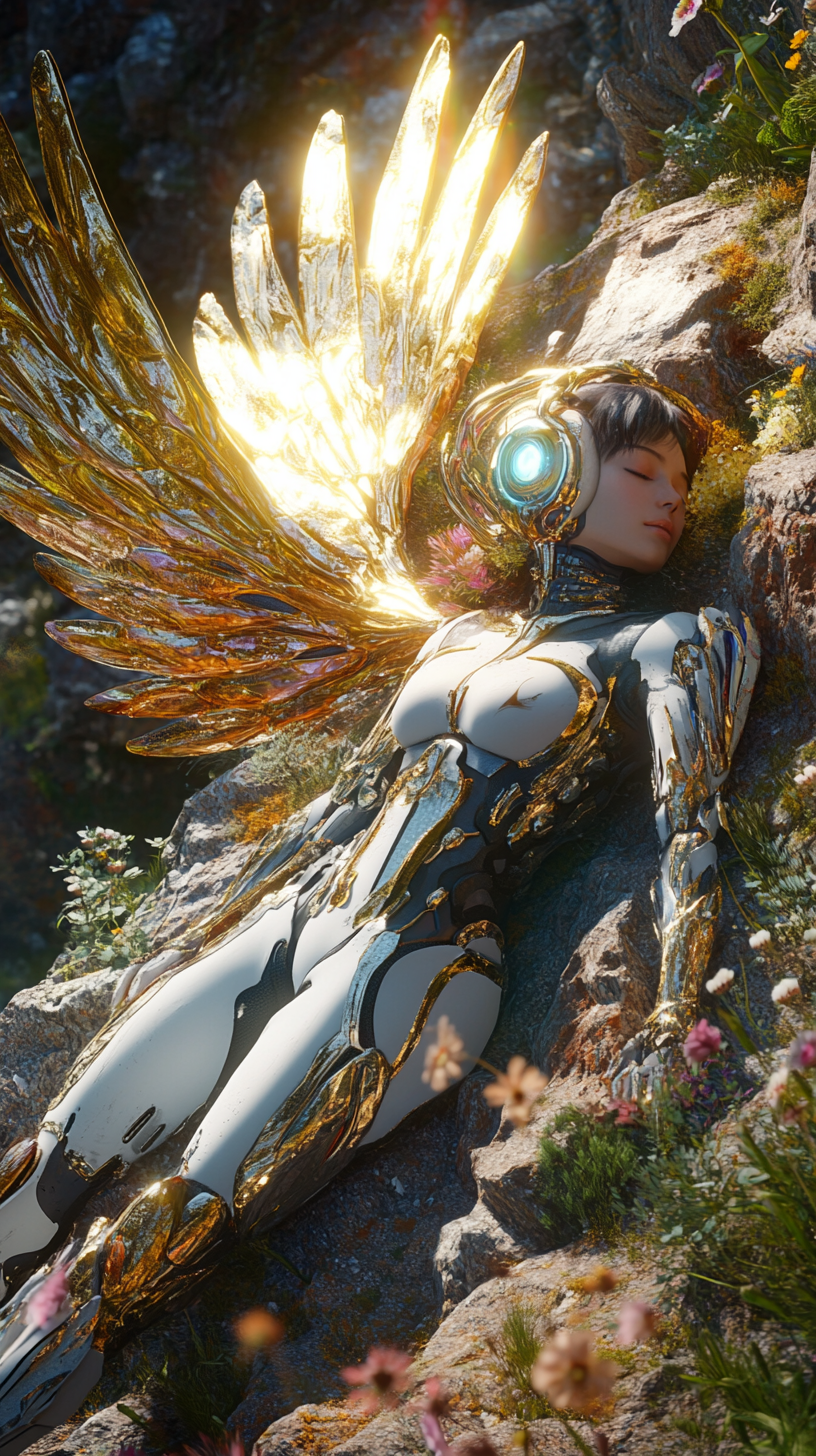 A Stunning Android Woman with Metallic Feathered Wings