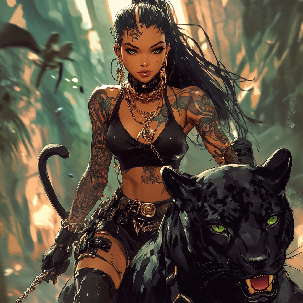 A Stunning Anime Woman with Tattoos Riding Panther