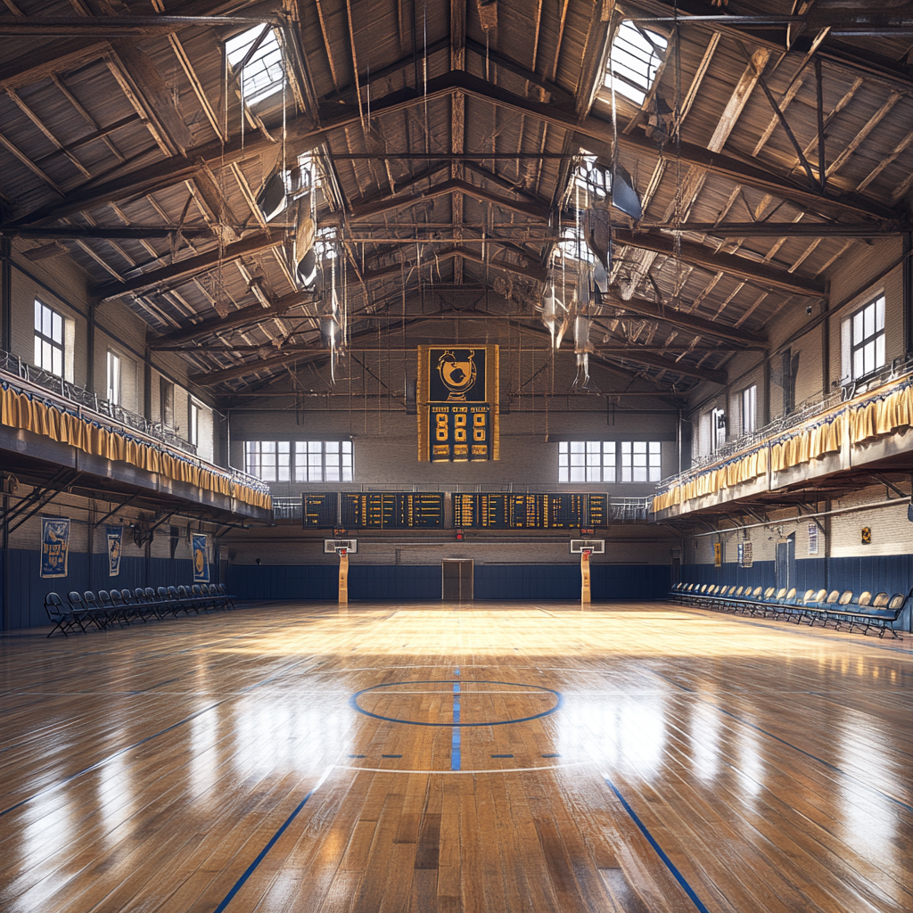 A Stunning Gymnasium with Basketball Hoops and Banners