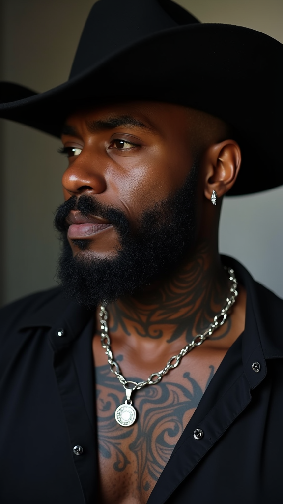 A Stylish Black Cowboy with Silver Jewelry