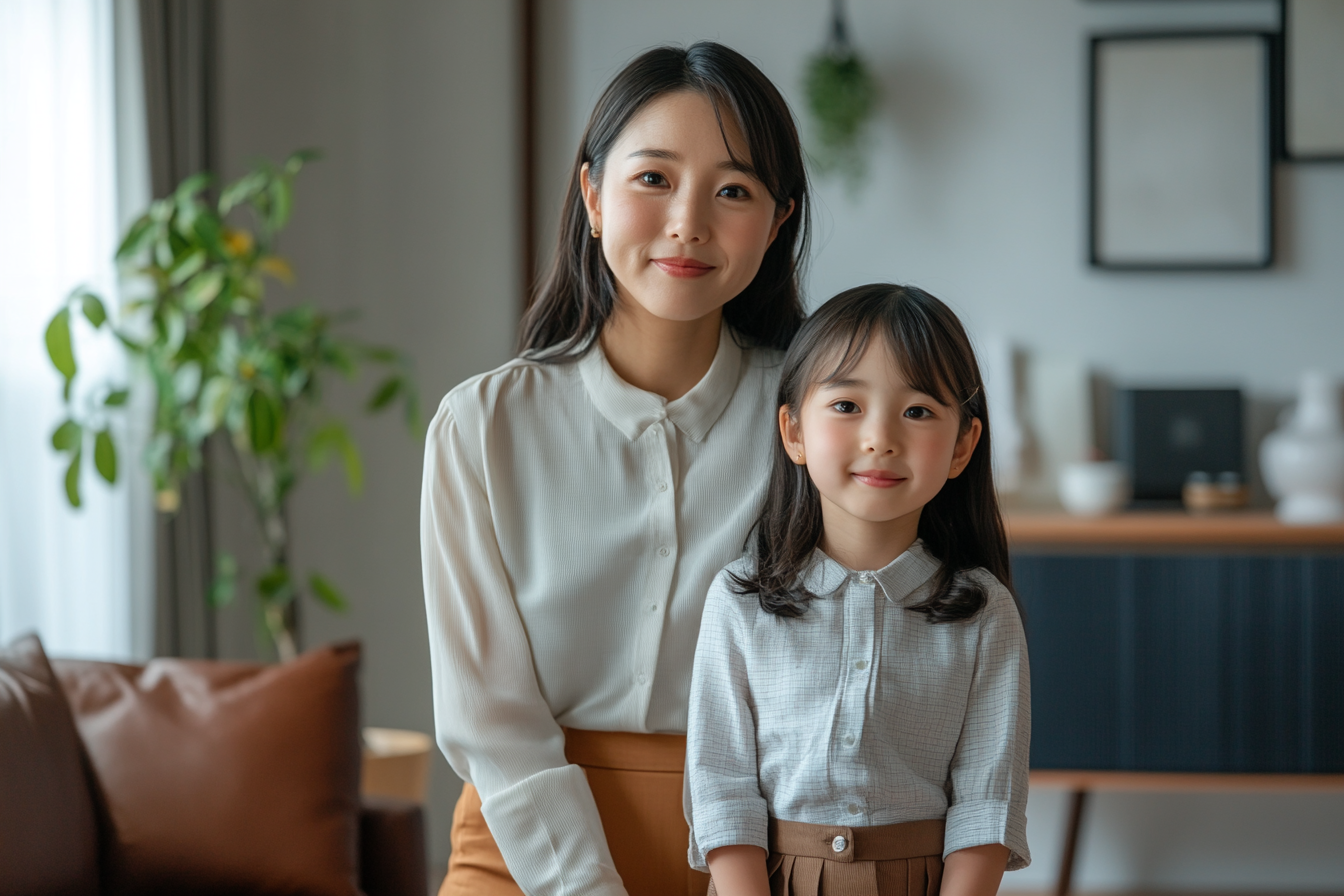 A Stylish Japanese Mother and Daughter in Elegant Living Room