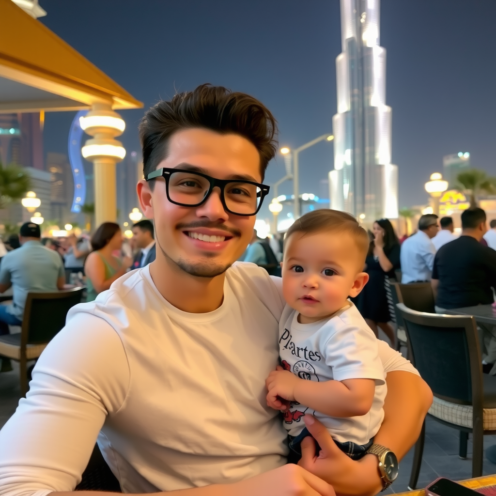 A Stylish Man Holding Baby Near Burj Khalifa