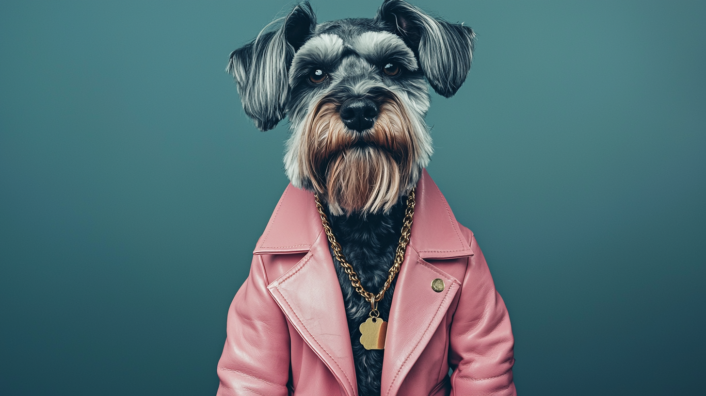 A Stylish Schnauzer in Pink Coat and Gold Necklace