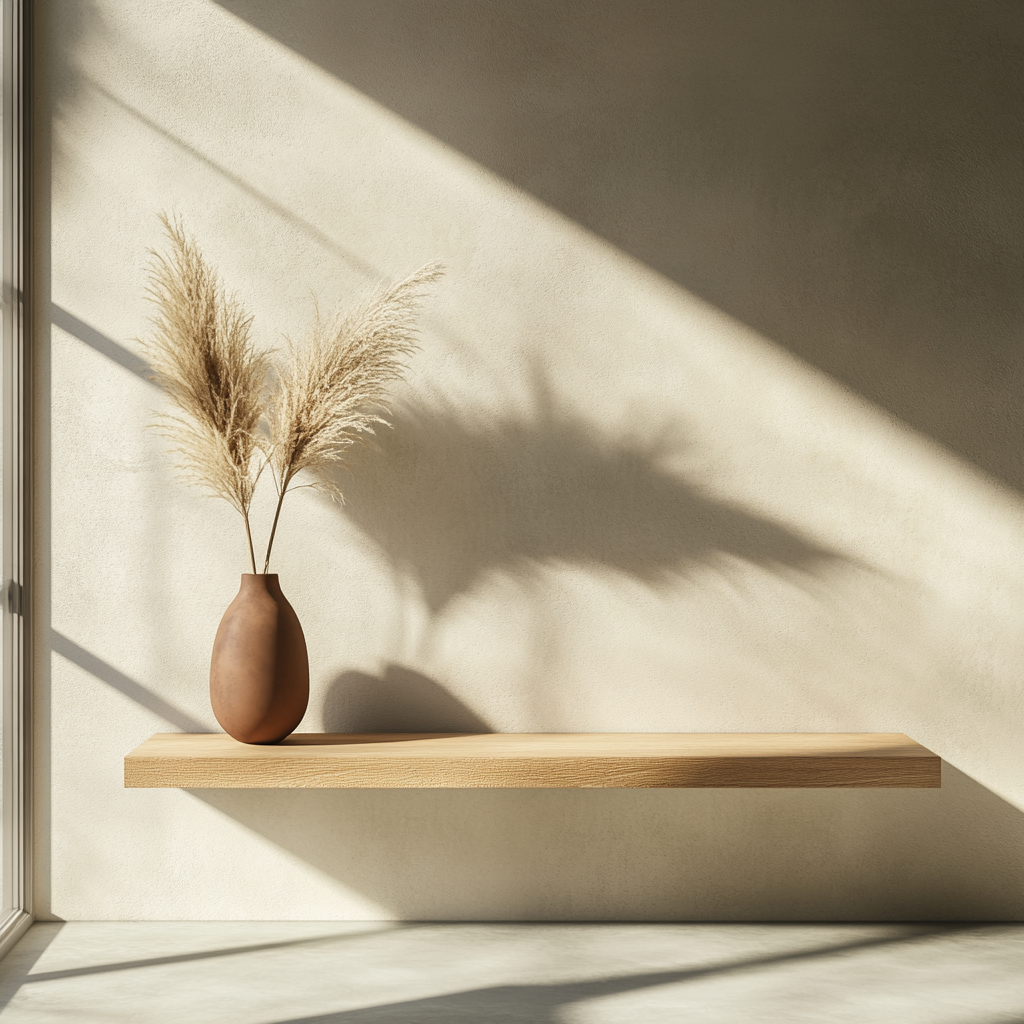 A Sunlit Entryway with Wooden Shelf and Vase