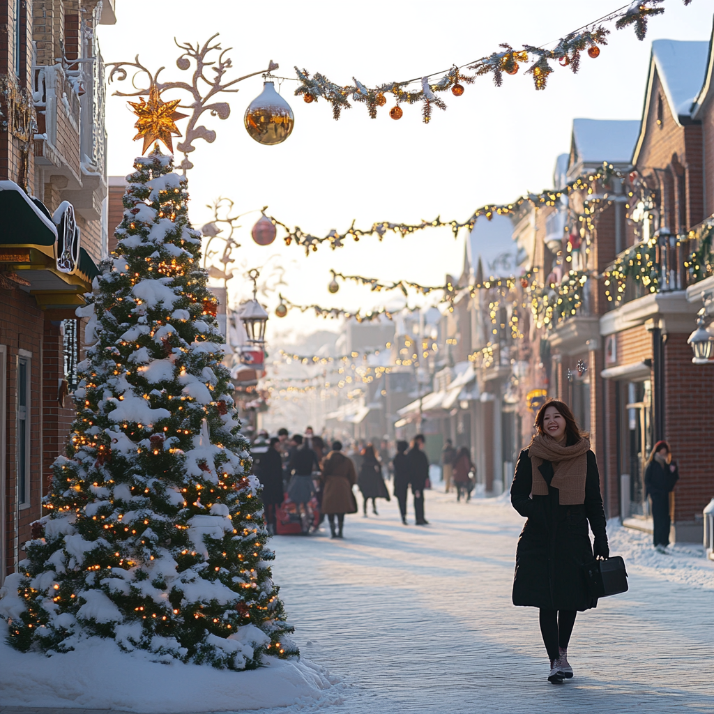 A Sunny Winter Evening in a Snowy Town