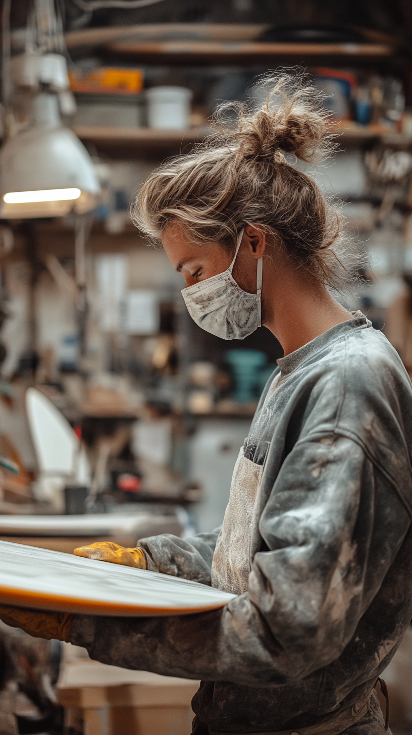 A Surfboard Shaper Sanding Custom Board in Workshop