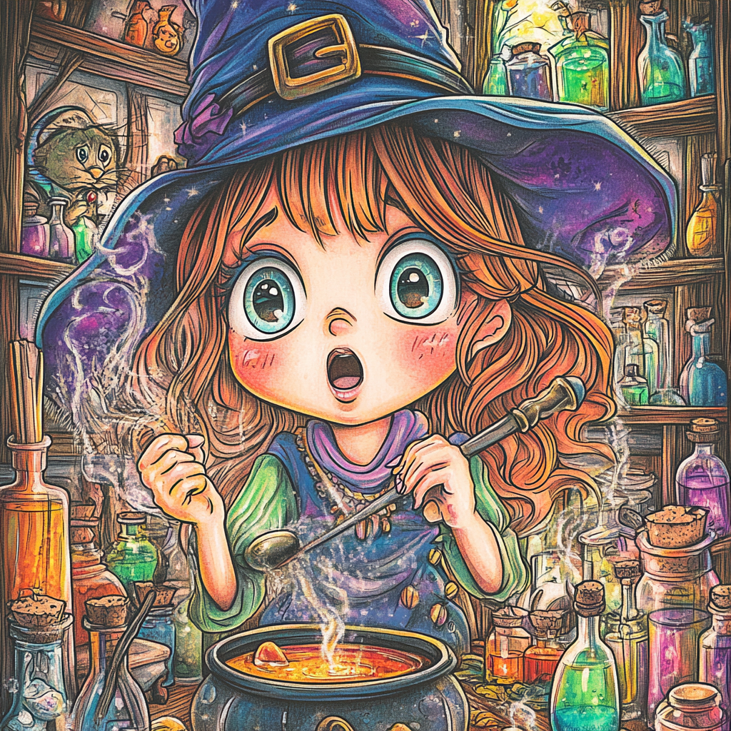 A Surprised Witch Mixing Potions in a Magical House